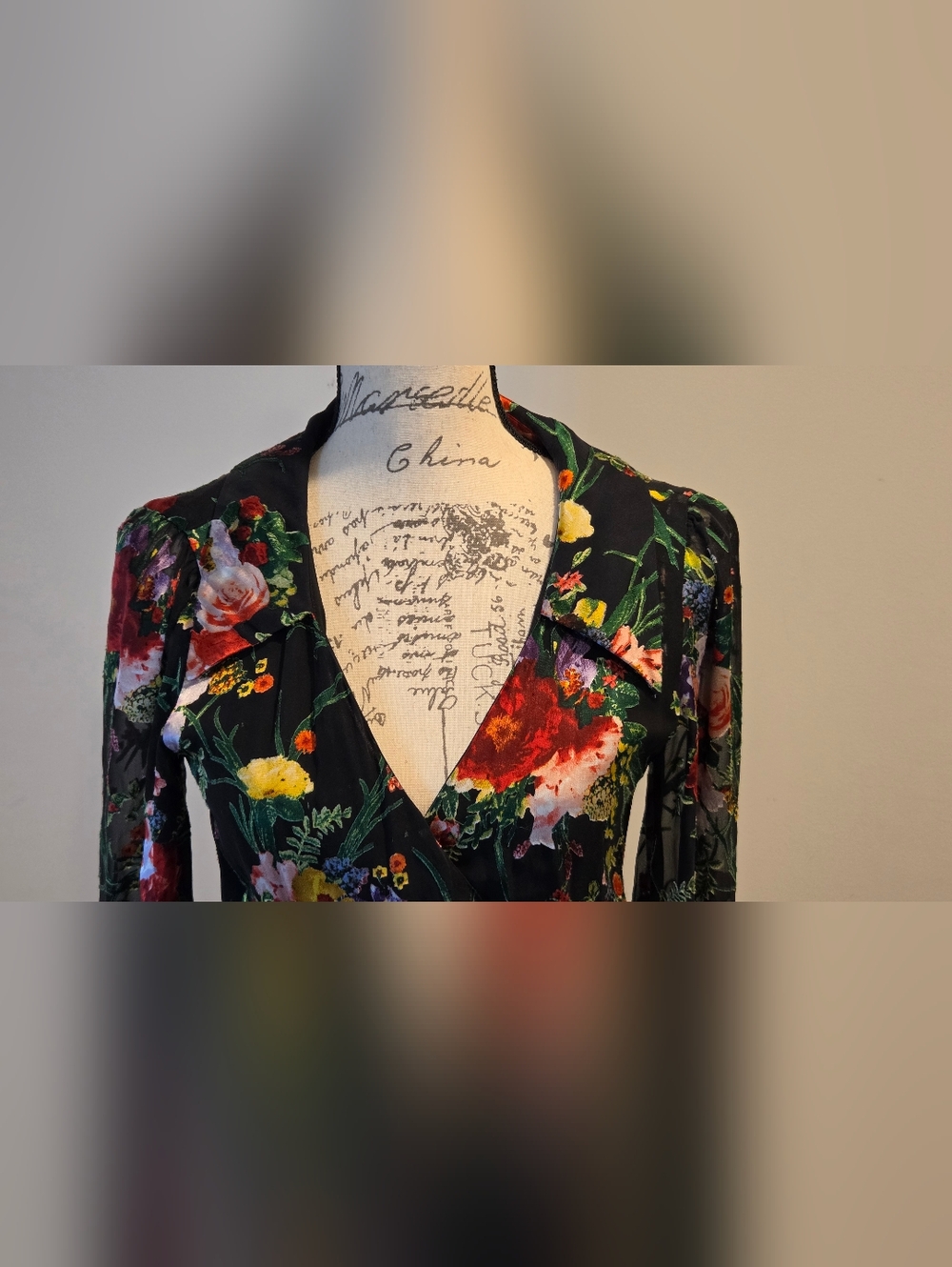 Alice + Olivia Black Floral Wrap Midi Dress with Red & Green Accents, Size 4. - Picture 8 of 16